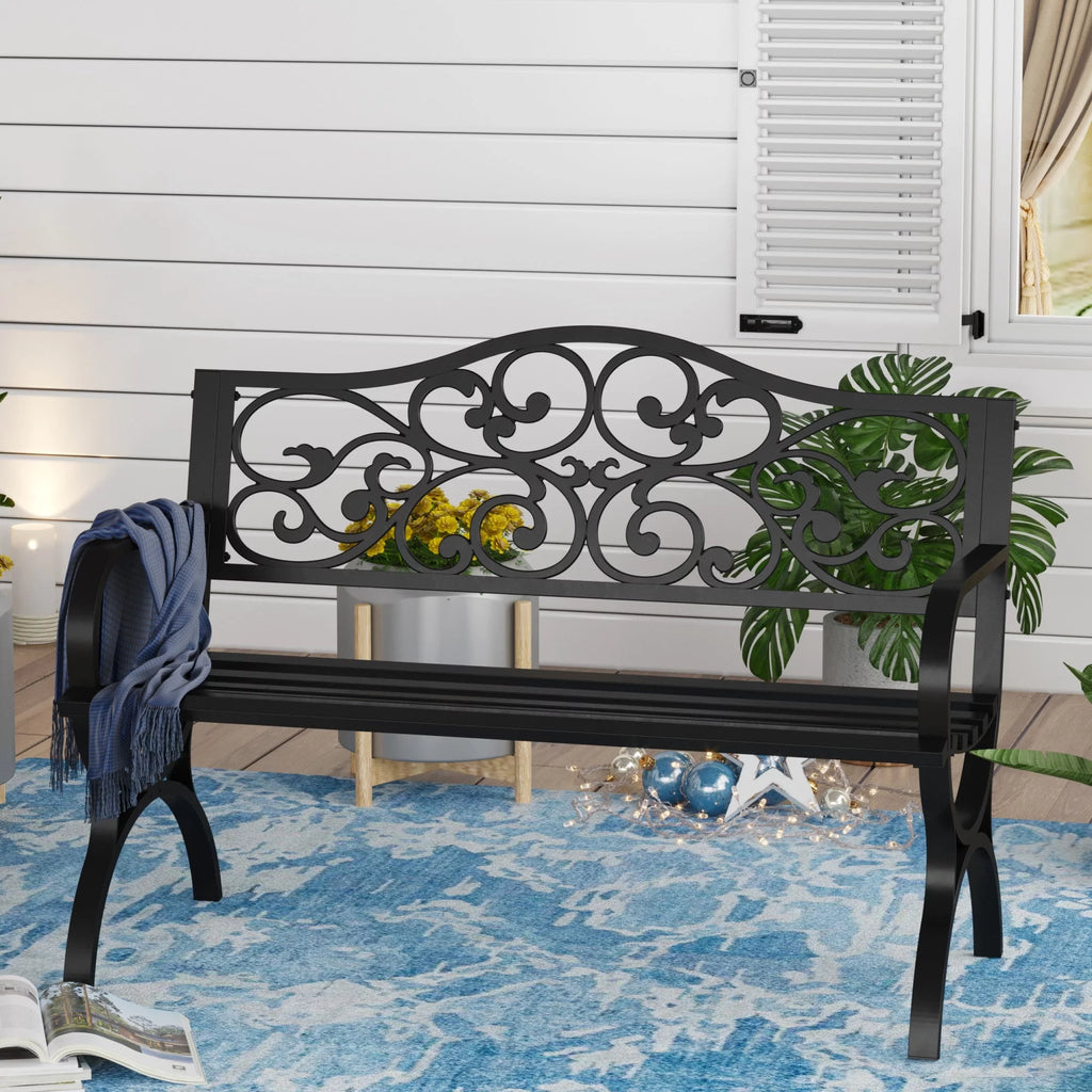 50" Outdoor Iron Cast Garden Park Bench - Black Y58927