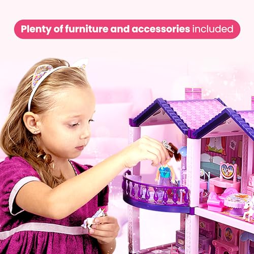 Pink and Purple Dollhouse with 4 Princesses, 4 Unicorns, Dog, Furniture and Accessories Y781005
