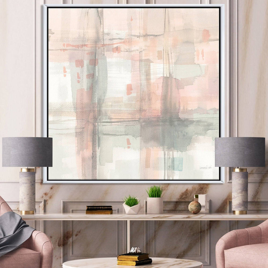 Pink Grey Modern Framed Canvas - 32 in. Wide x 16 in. High - Gold S421