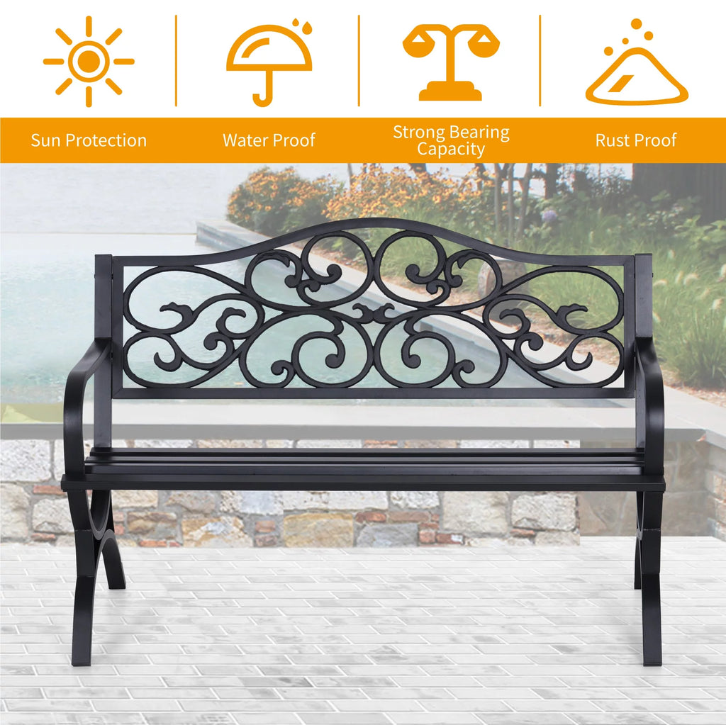 50" Outdoor Iron Cast Garden Park Bench - Black Y58927