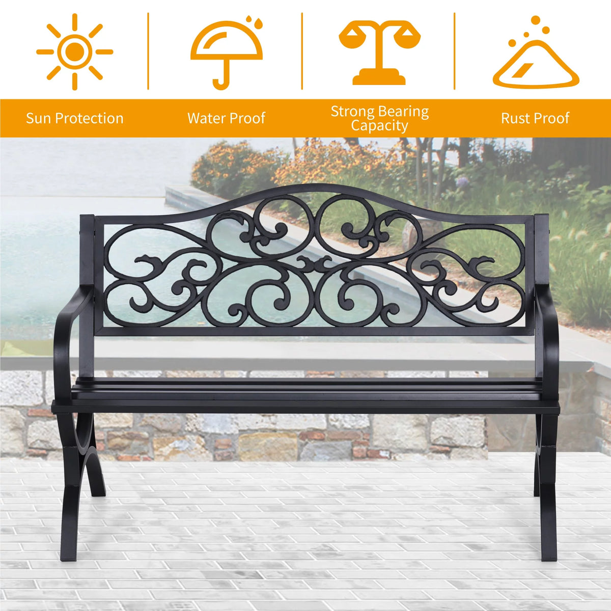 50" Outdoor Iron Cast Garden Park Bench - Black Y58927