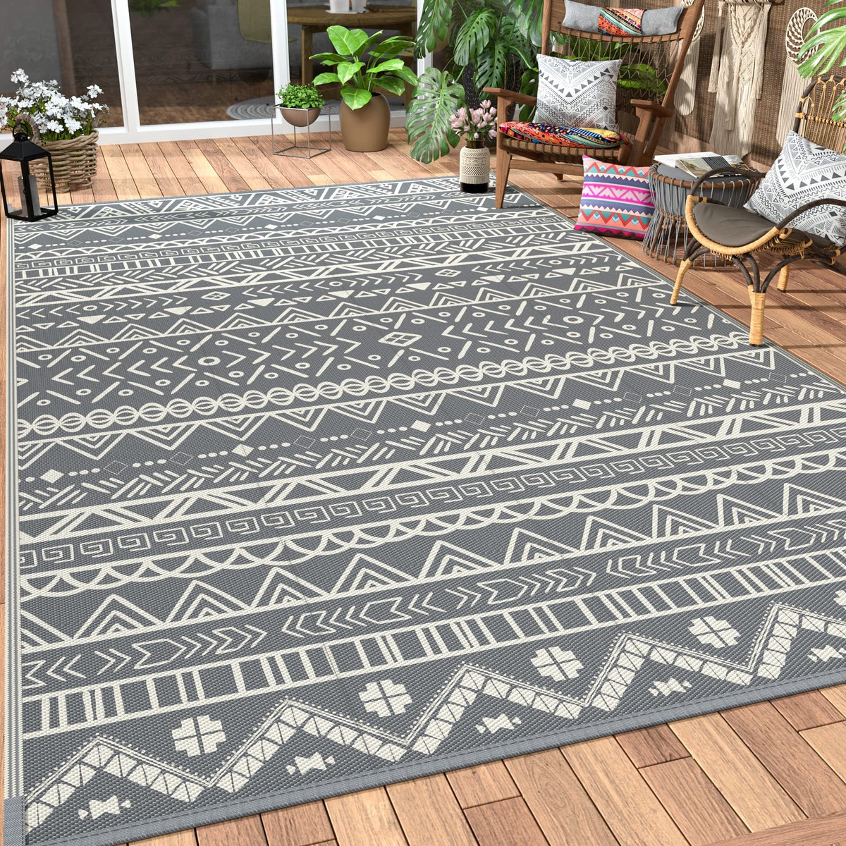 6x9ft Grey White Reversible Outdoor Rug G53050