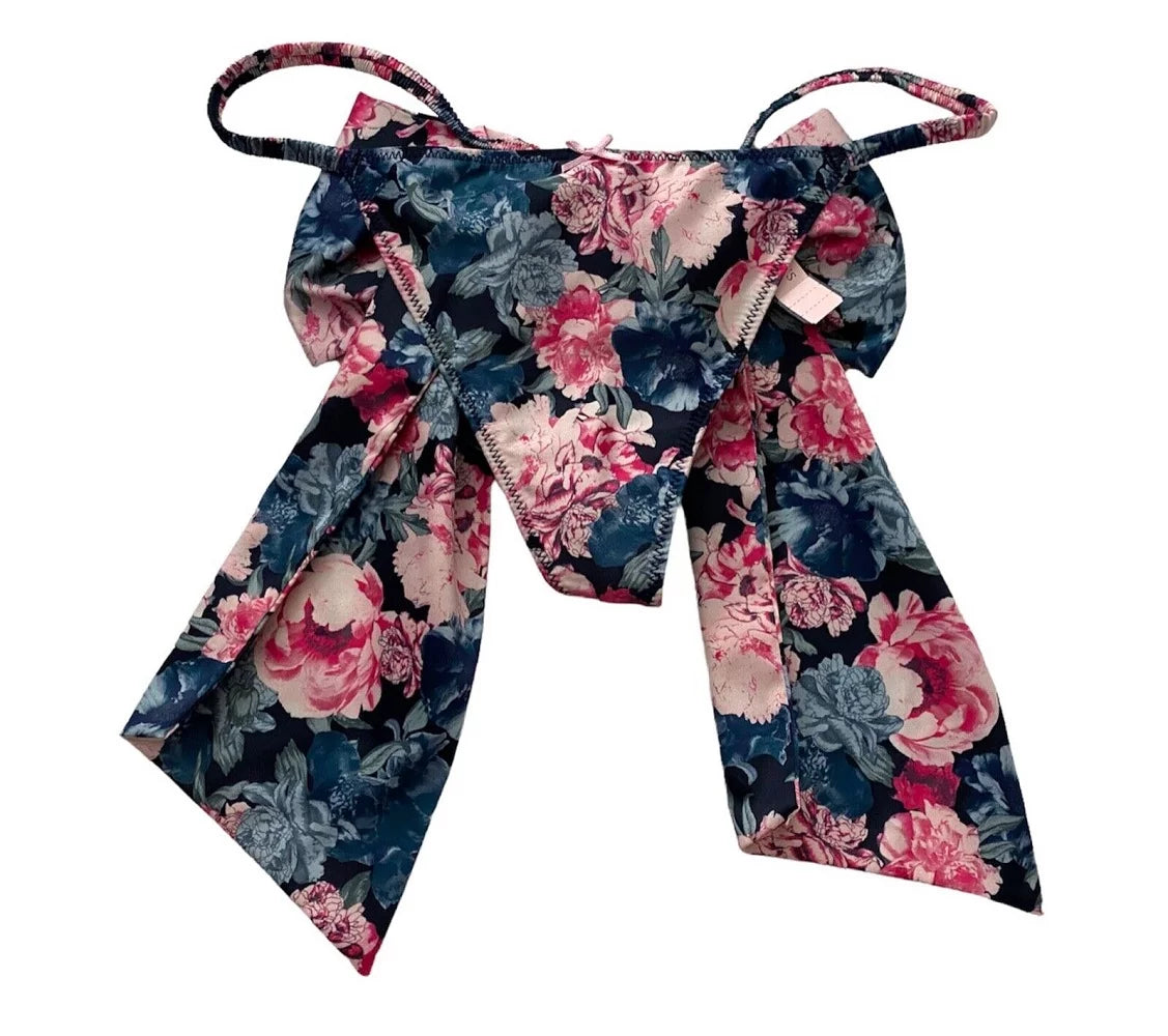 Satin Bow Back Floral V String Panty Size Medium L75643