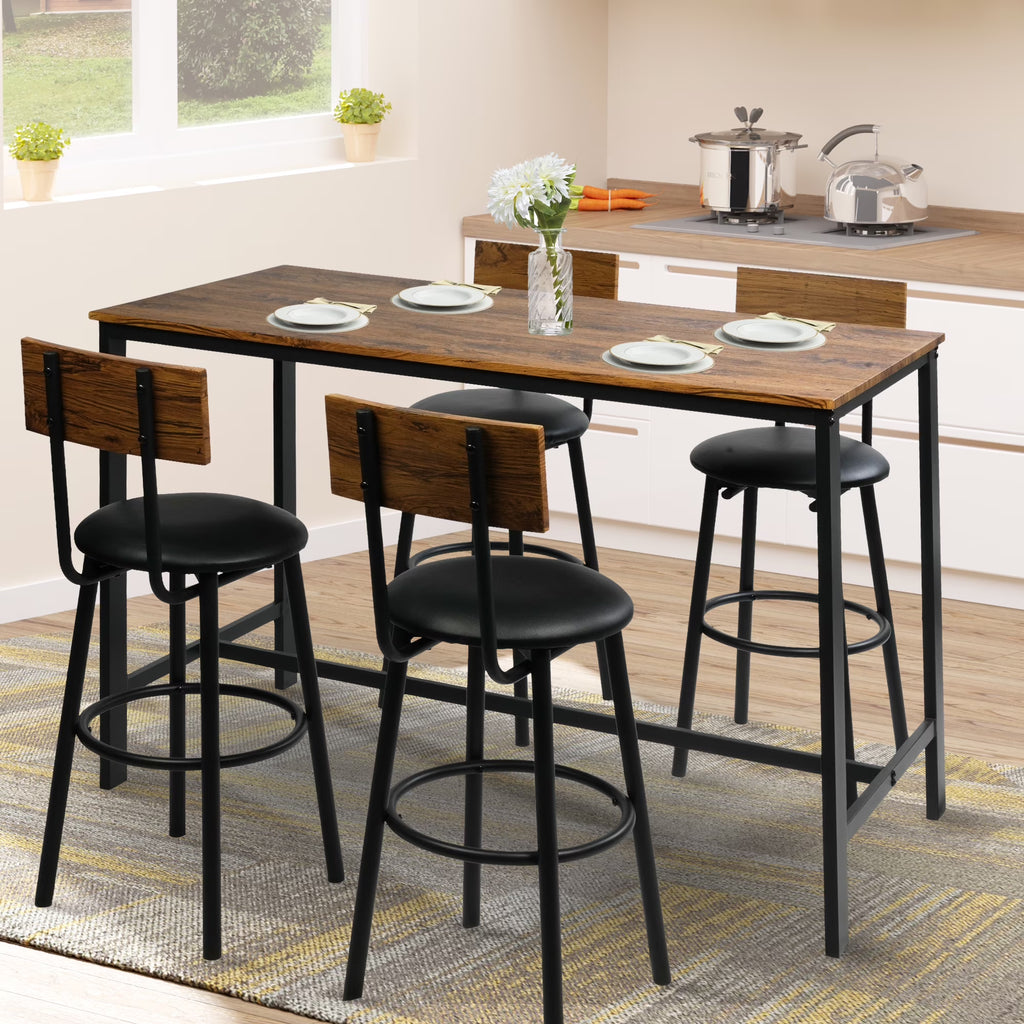 Rustic Brown PU Upholstered Bar Table Set of 4 with 4 Stools A966