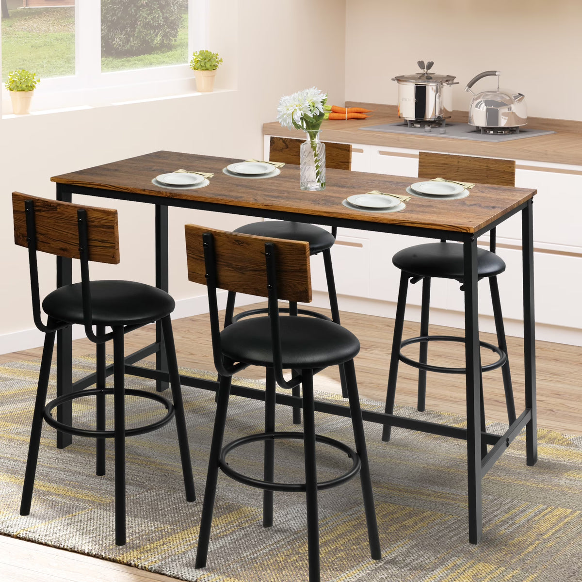 Rustic Brown PU Upholstered Bar Table Set of 4 with 4 Stools A966