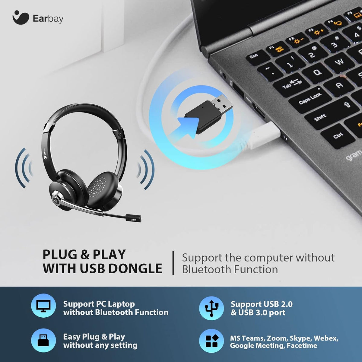 Wireless Bluetooth Headset with Microphone, Noise Cancelling, USB Dongle, On-Ear, Pack of 2 O4762