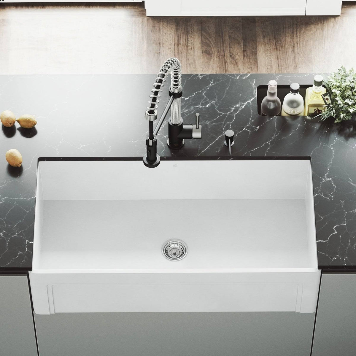 36 in. Matte Stone Farmhouse Kitchen Sink Set with Matte Black Faucet U17090
