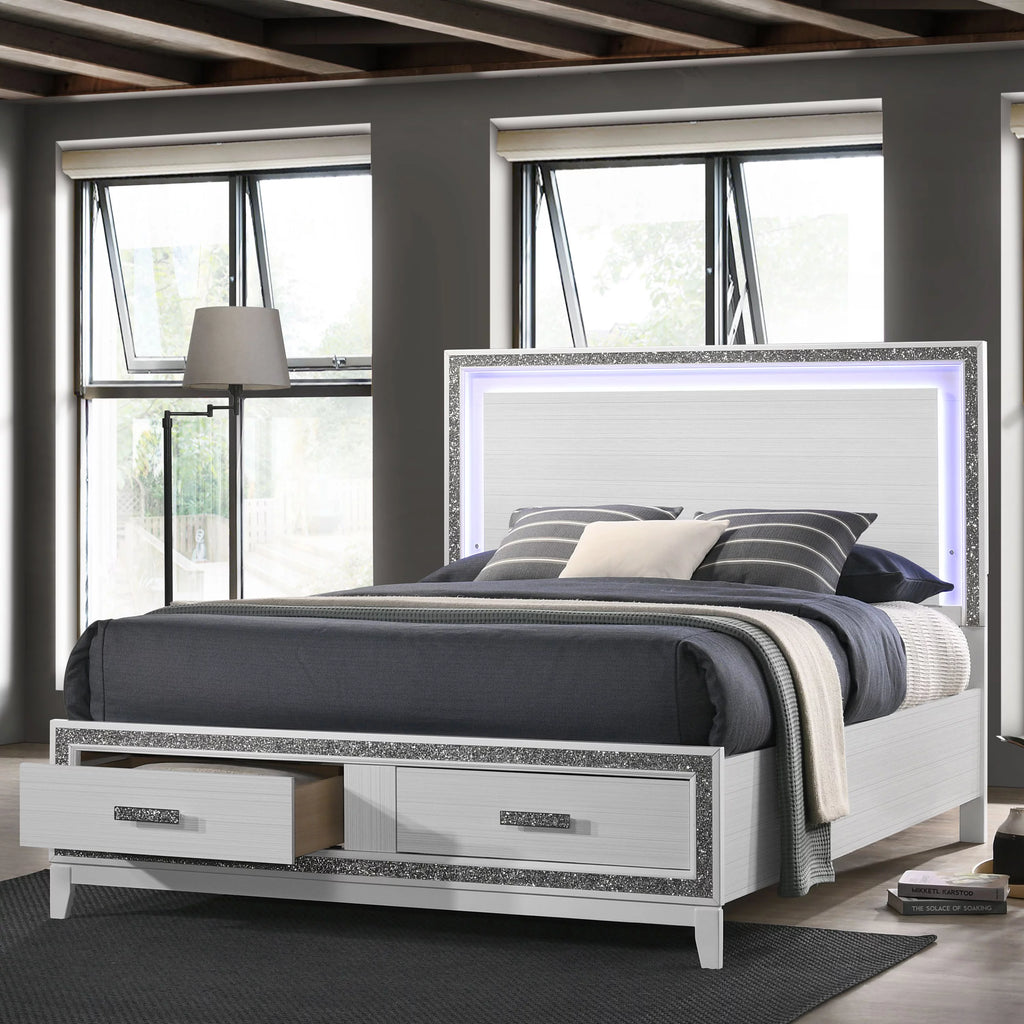 White 2 Drawer Wooden Queen Bed with LED Headboard X1115