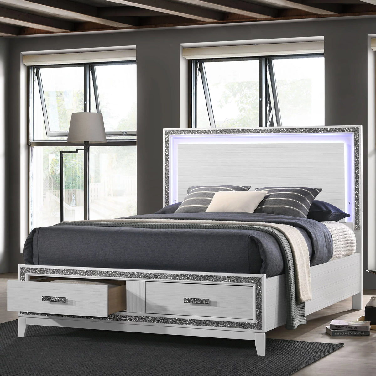 White 2 Drawer Wooden Queen Bed with LED Headboard X1115