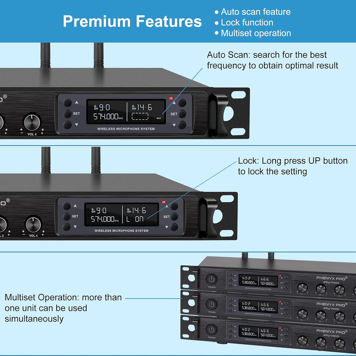 Quad Channel Wireless Microphone System with Four Bodypacks and Headsets/Lapels J634002