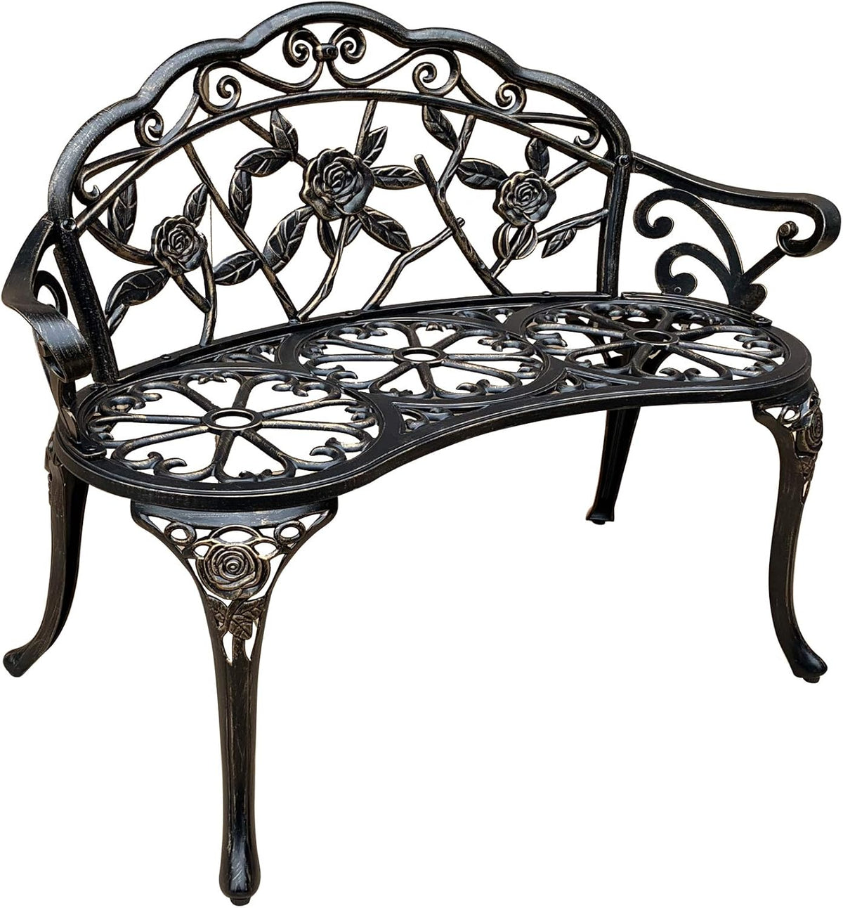 White Cast-Aluminum Metal Garden Bench with Floral Rose U2625