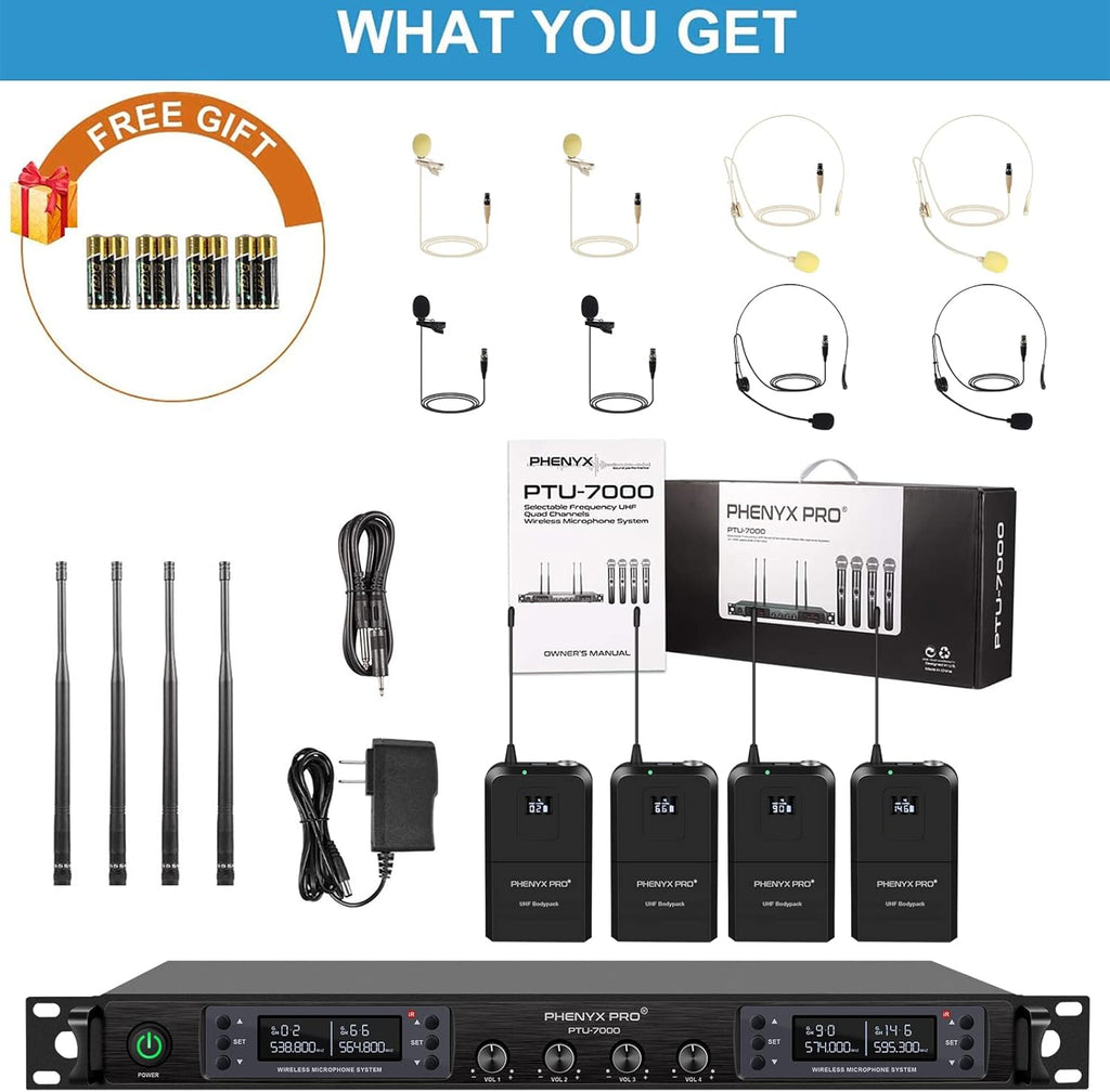 Quad Channel Wireless Microphone System with Four Bodypacks and Headsets/Lapels J634002