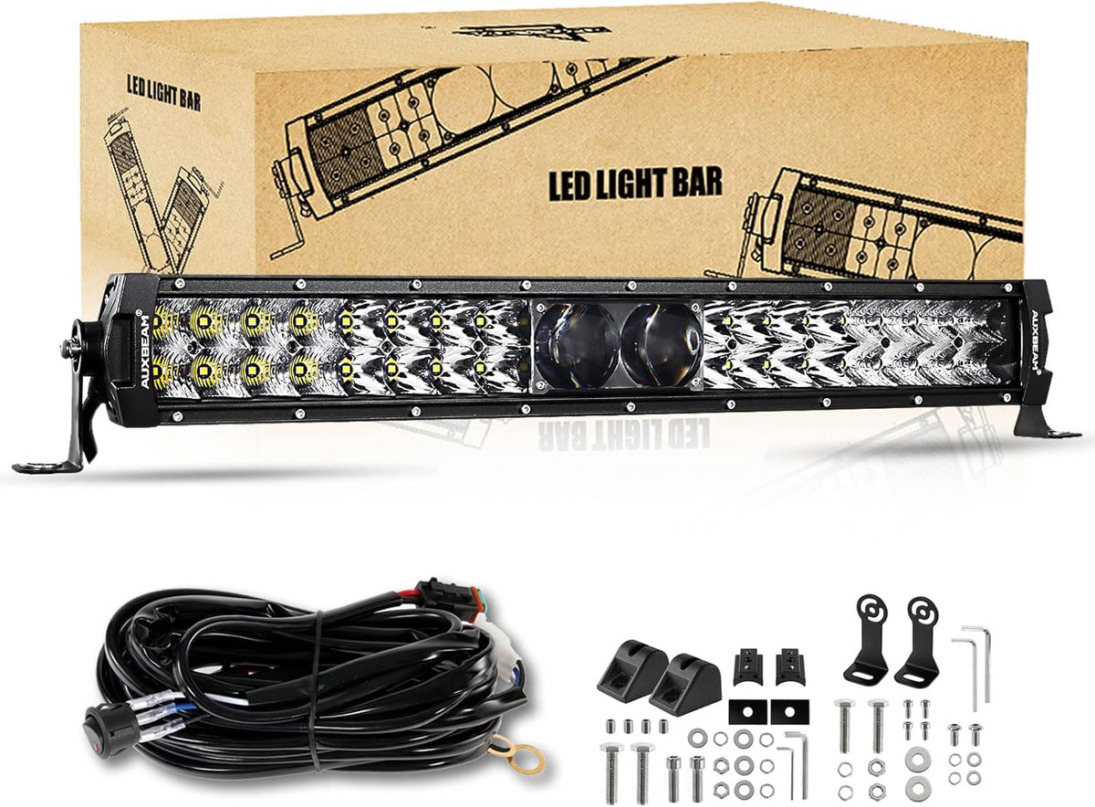 22 Inch 128W Waterproof Dual Row Spot Flood Combo LED Work Lights with Wiring Harness F9733