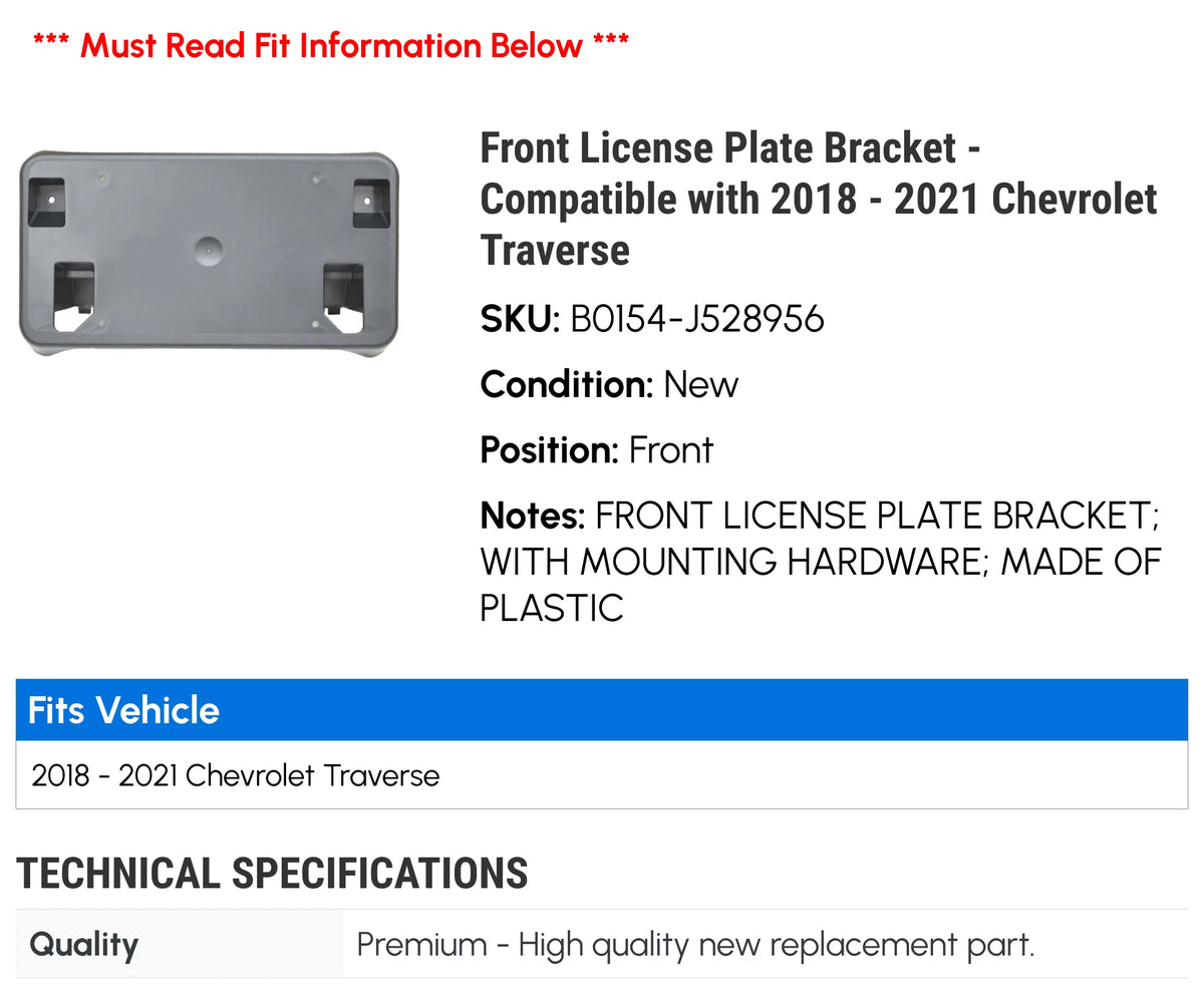 Front License Plate Bracket for Chevy Traverse 2018 2021 D262664