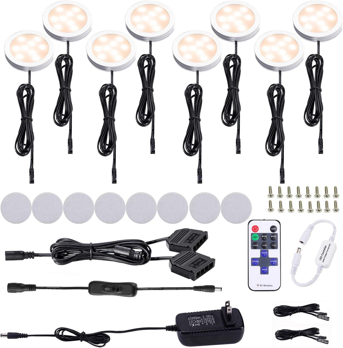 Black Cord Aluminum Puck Lights 8 Pack Dimmable with RF Wireless Remote Control K62520