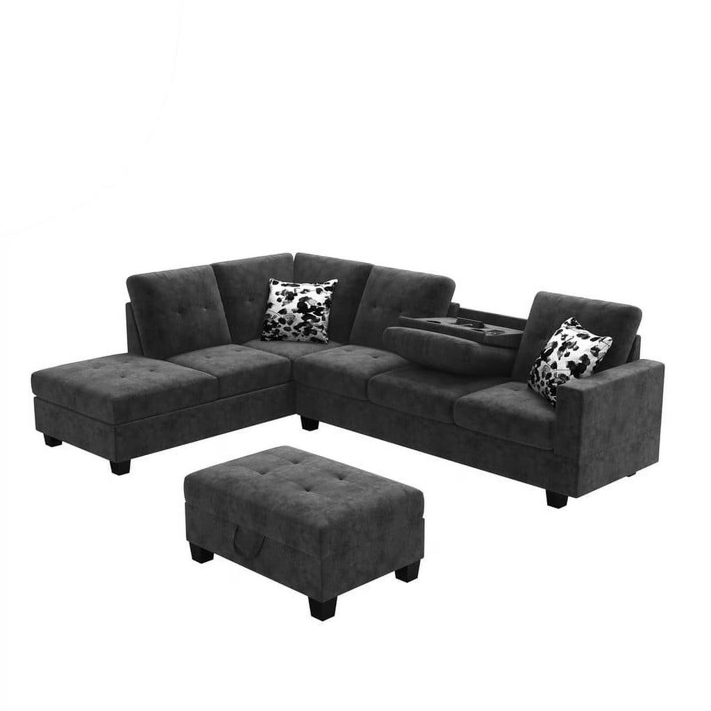 Dark Gray Velvet Reversible Sectional Sofa with Storage Ottoman E117