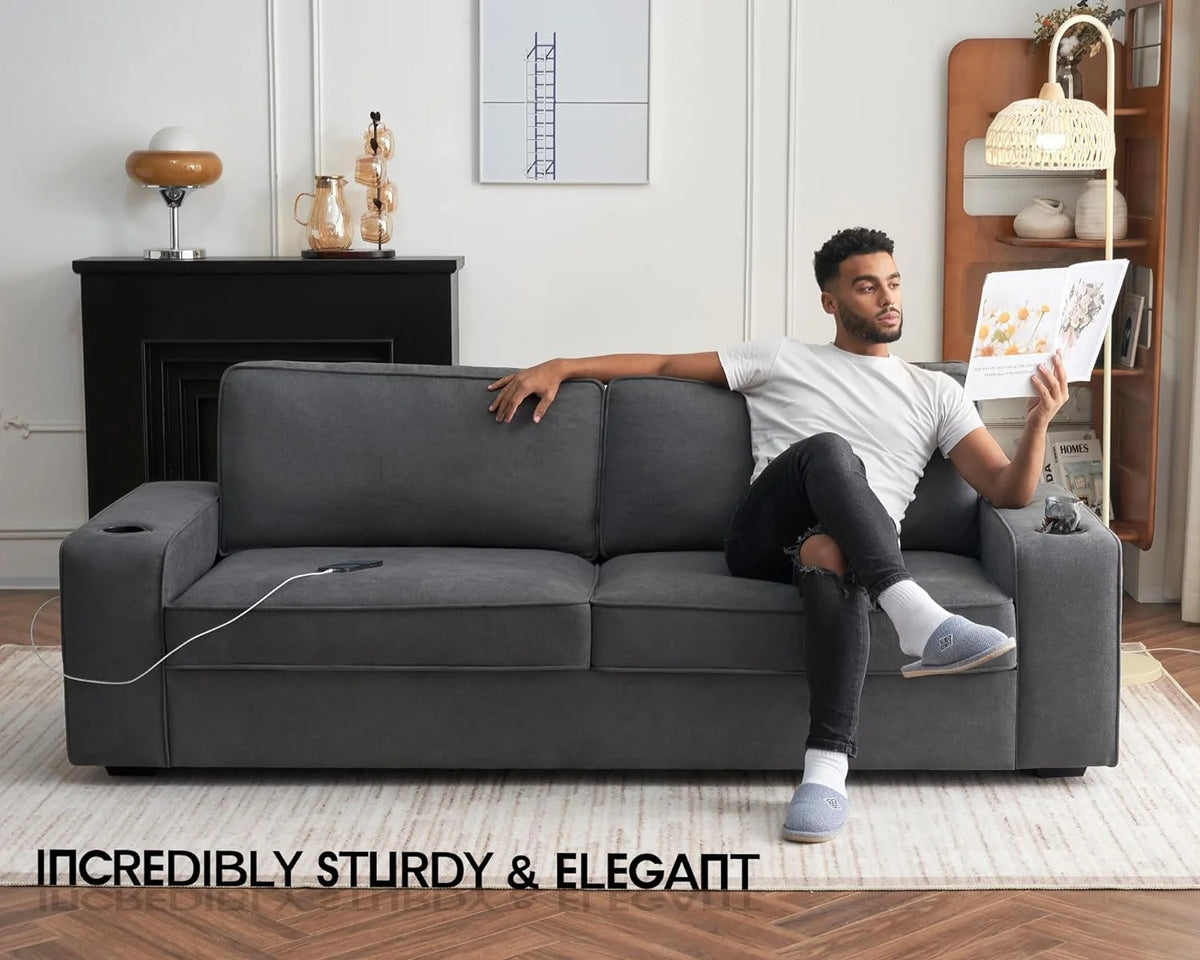 Grey Chenille Sofa with USB Charging Ports & Cup Holders K315