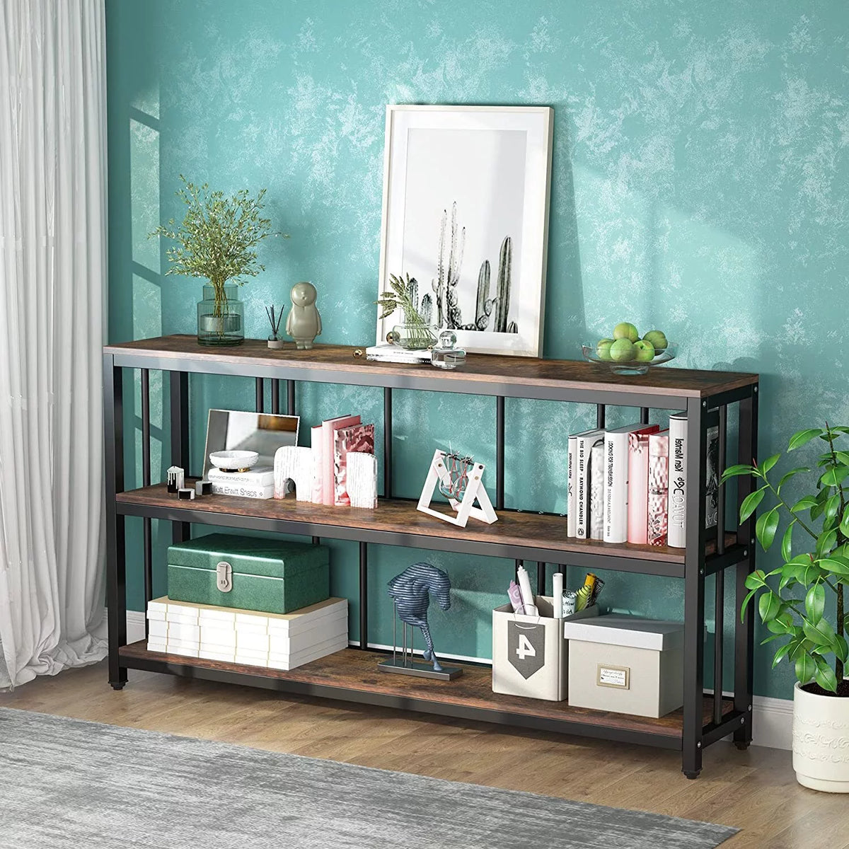 Narrow Long Sofa Table with Storage Shelves Rustic Brown Y4856