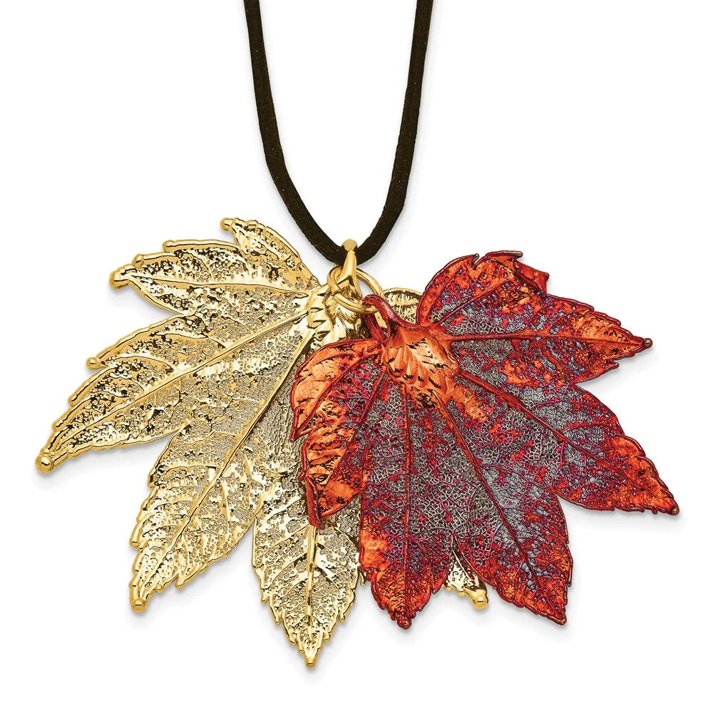 24k Gold Maple Leaves Leather Cord Necklace W751