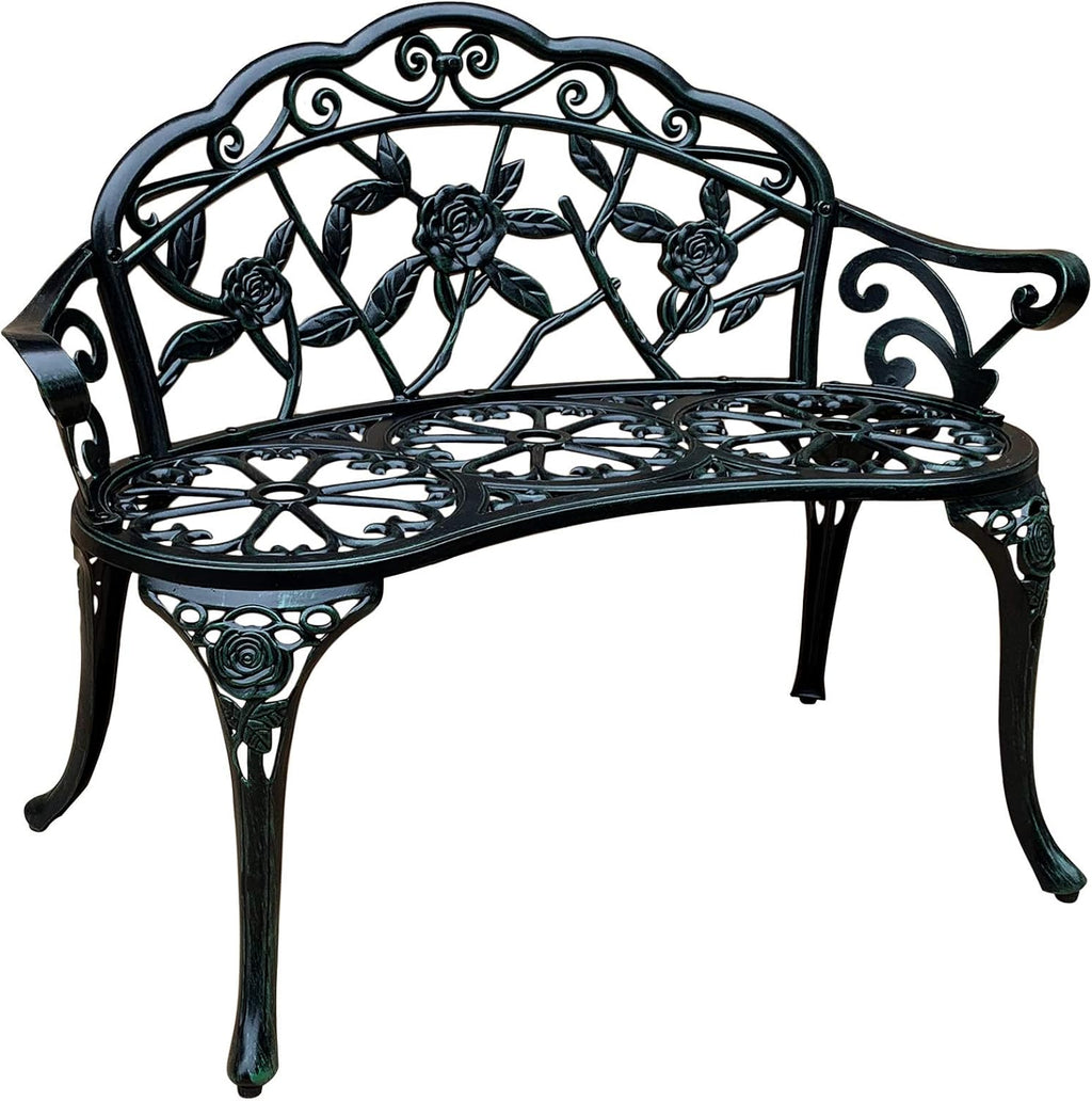 White Cast-Aluminum Metal Garden Bench with Floral Rose U2625