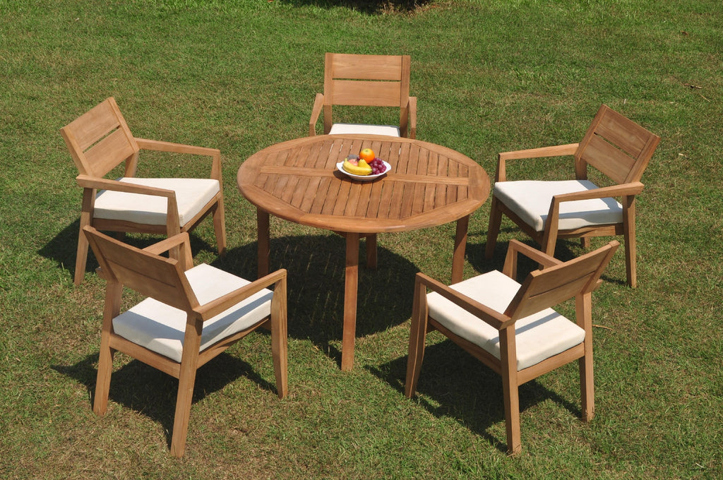 Grade-A Teak 6 Pc Dining Set with 48" Round Table and 5 Stacking Arm Chairs Y870429