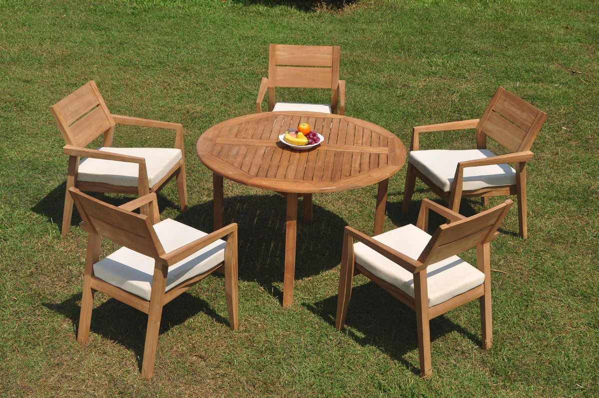 Grade-A Teak 6 Pc Dining Set with 48" Round Table and 5 Stacking Arm Chairs Y870429