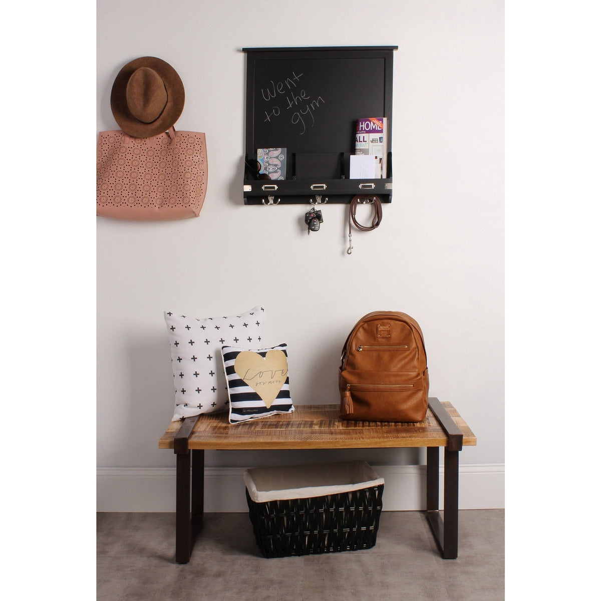 Decorative Rustic Wood Home Organizer with Chalkboard, Pockets, and Key Hooks I1773