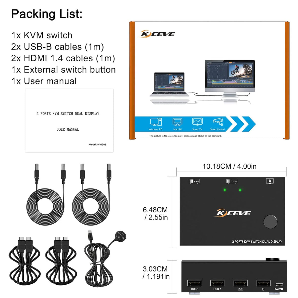 Dual Monitor KVM Switch HDMI 2 Port 4K@30Hz with USB 2.0 Hub N535515