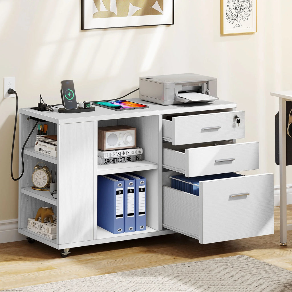 White Wood File Cabinet with Charging Station T744