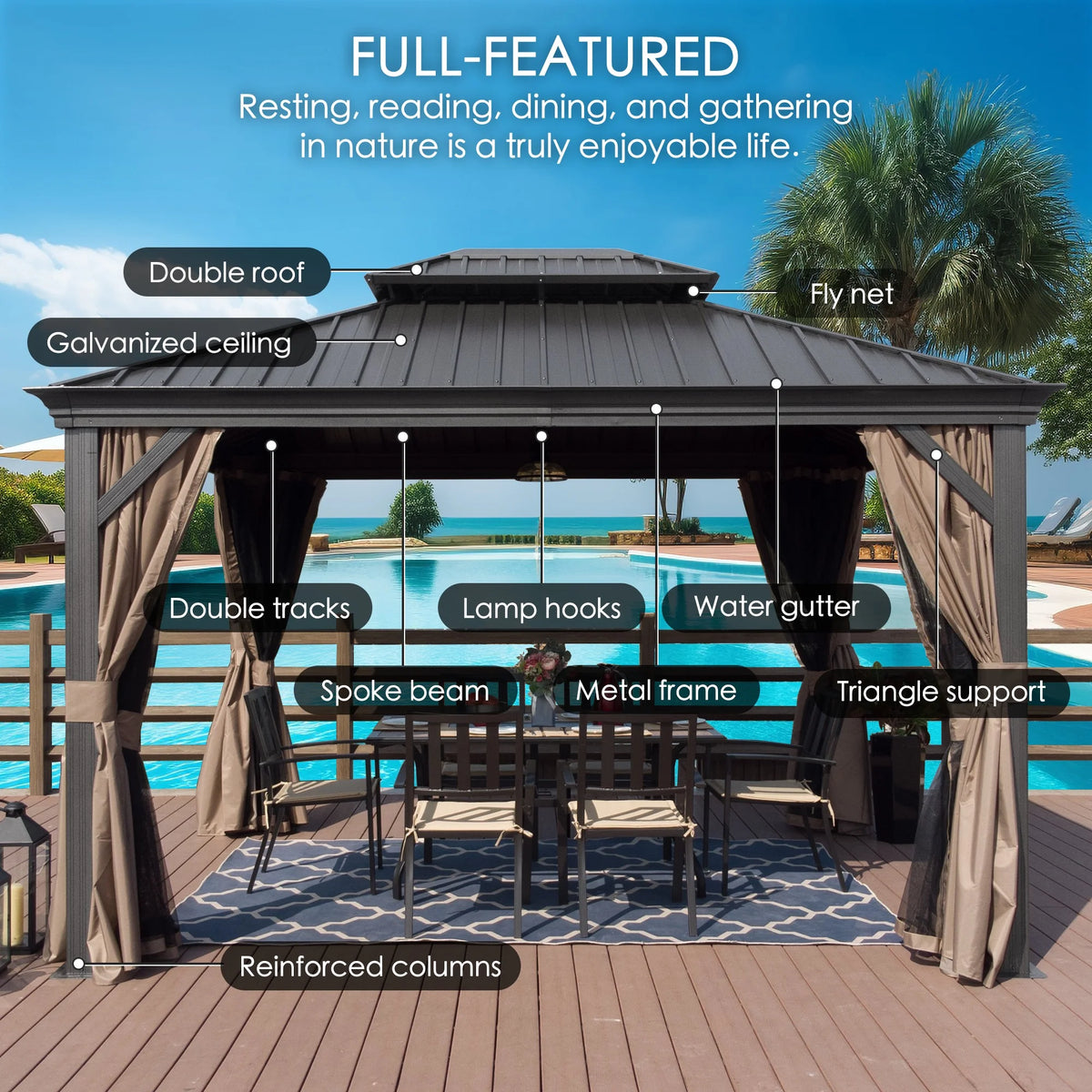 Hardtop Aluminum Gazebo with Mosquito Net and Privacy Sidewalls Q48501