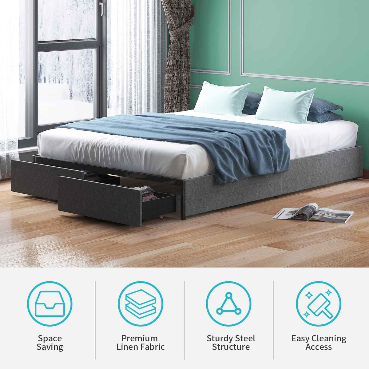 Queen Size Linen Fabric Upholstered Platform Bed with Storage Drawers T5565