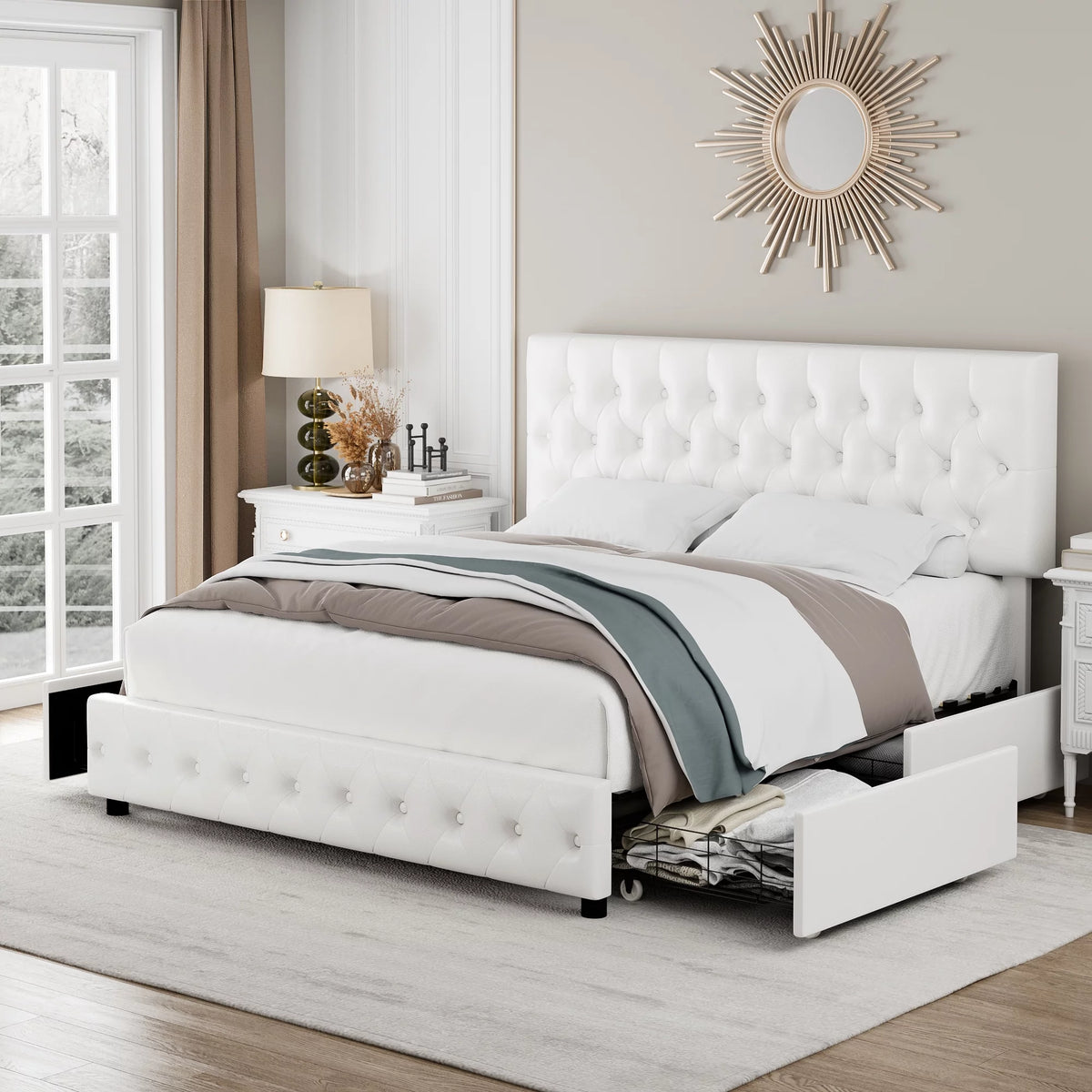 Queen Size Velvet Storage Bed with 4 Drawers W152042