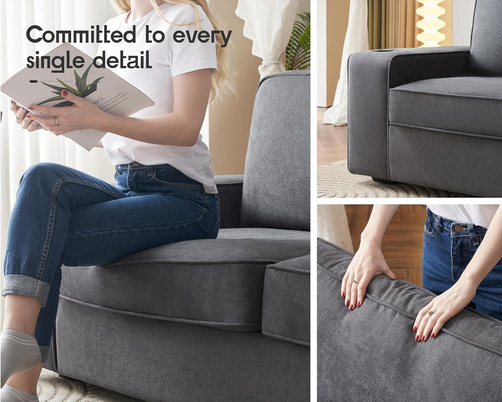 Grey Chenille Sofa with USB Charging Ports & Cup Holders K315
