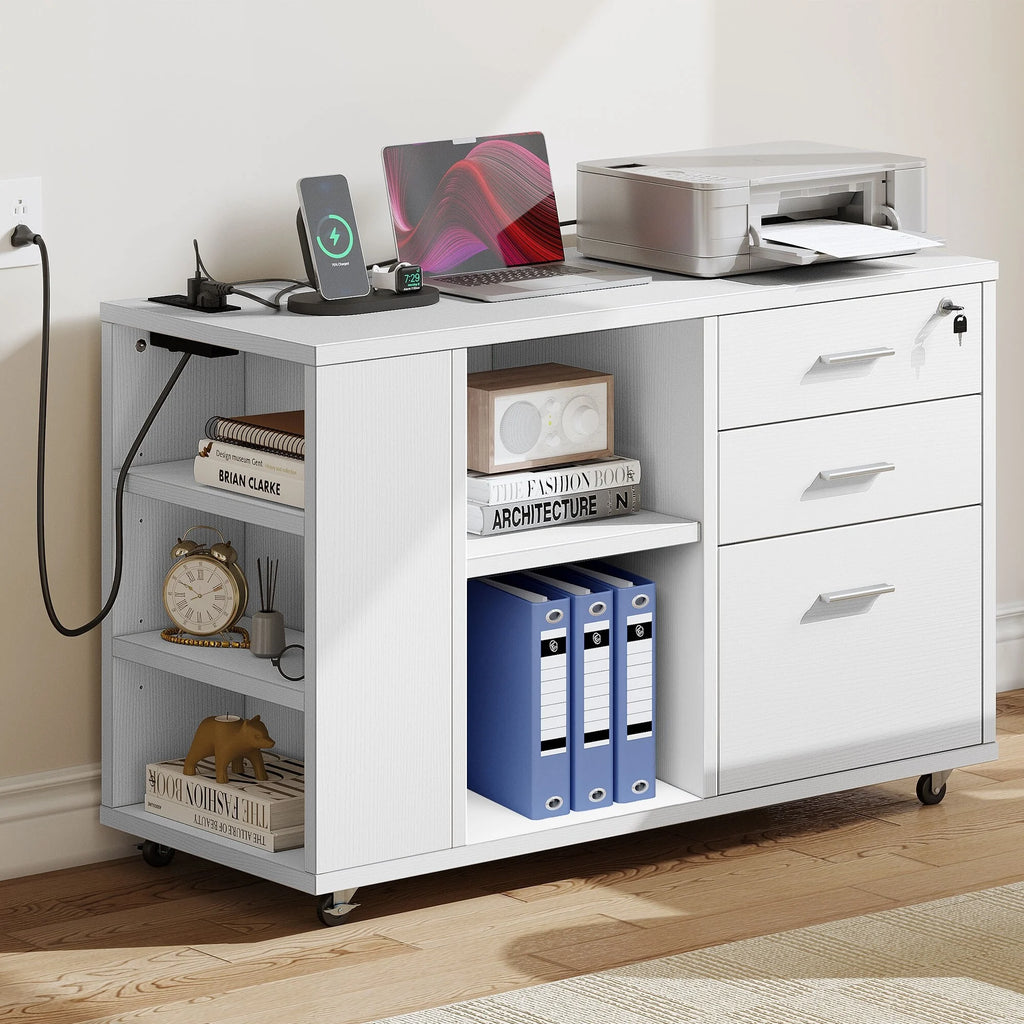 White Wood File Cabinet with Charging Station T744
