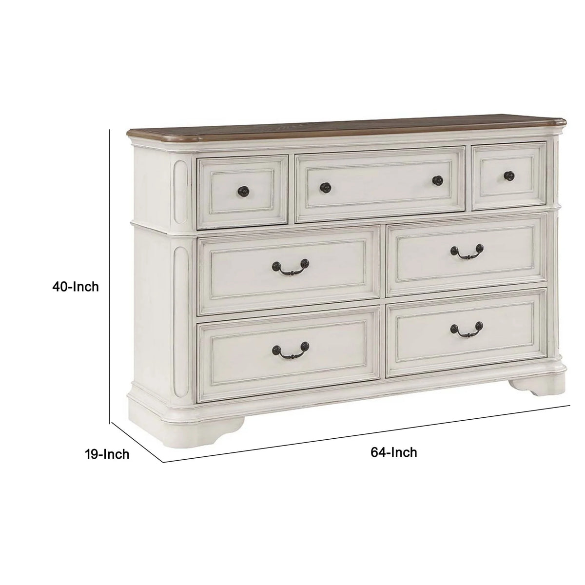 Antique White & Brown Wood Dresser with 7 Drawers Q17684